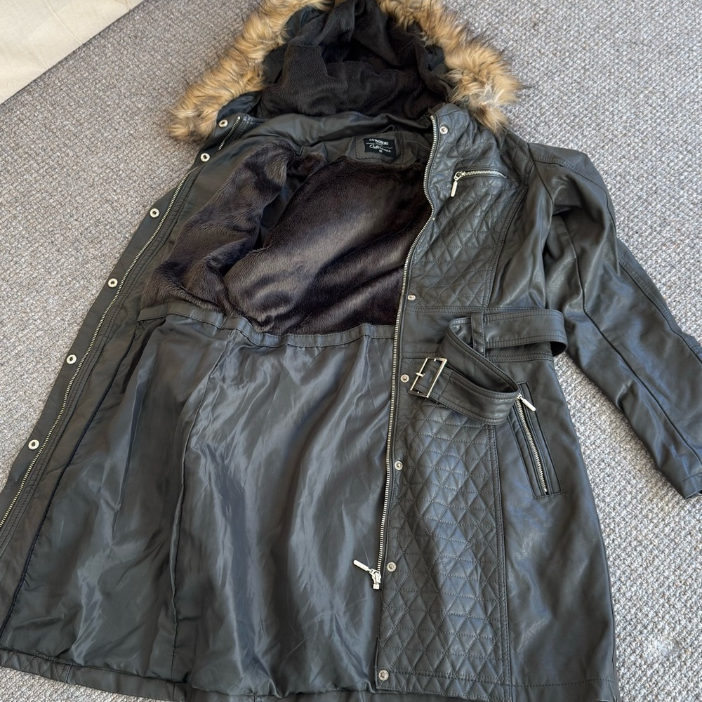 Army Green Quilted Coat with Faux Fur Hood